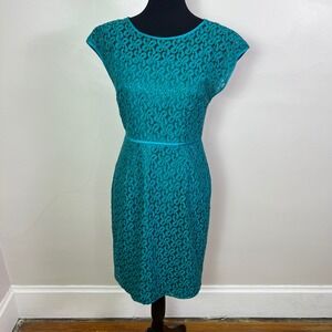 Coldwater Creek Size 4 Teal Floral Lace Sheath Dress Cap Sleeve